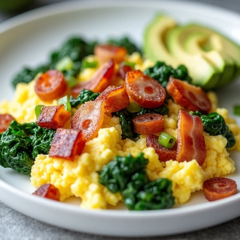 Cottage Cheese Egg White Scramble with Sautéed Spinach and Turkey Bacon