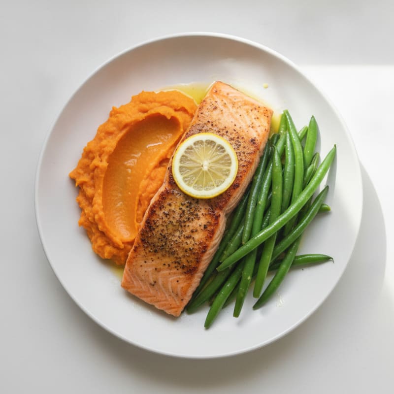 Seared Salmon with Steamed Green Beans and Sweet Potato Mash