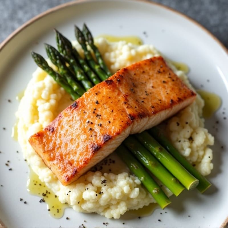 Seared Salmon with Roasted Asparagus and Cauliflower Mash
