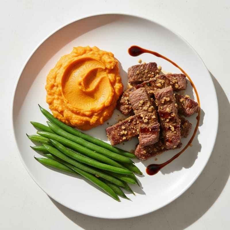 Seared Lean Beef Strips with Steamed Green Beans and Sweet Potato Mash