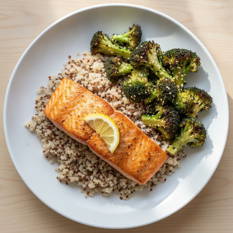 Seared Salmon with Roasted Broccoli and Quinoa