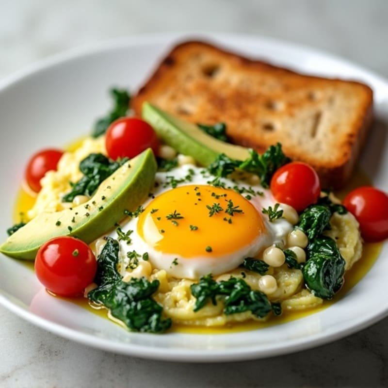 Egg White Spinach Scramble with Cottage Cheese and Cherry Tomatoes
