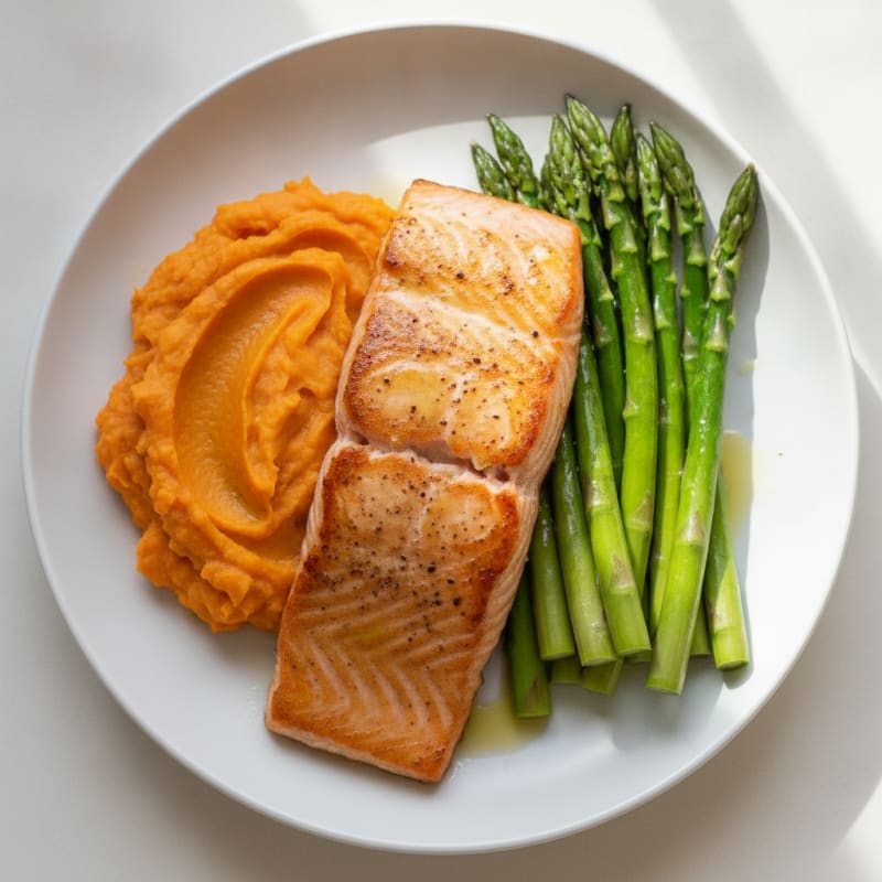 Seared Salmon Fillet with Steamed Asparagus and Sweet Potato Mash