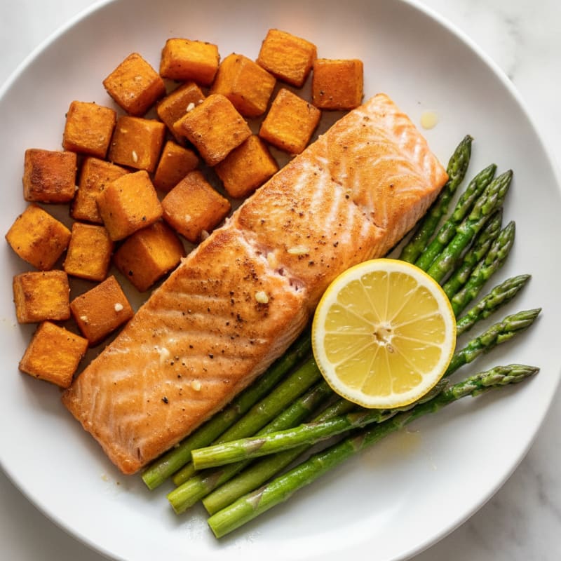 Seared Salmon Fillet with Roasted Sweet Potato and Asparagus