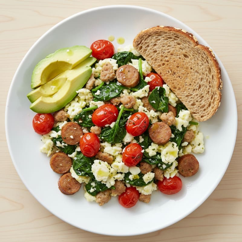 Egg White and Turkey Sausage Scramble with Spinach and Tomatoes