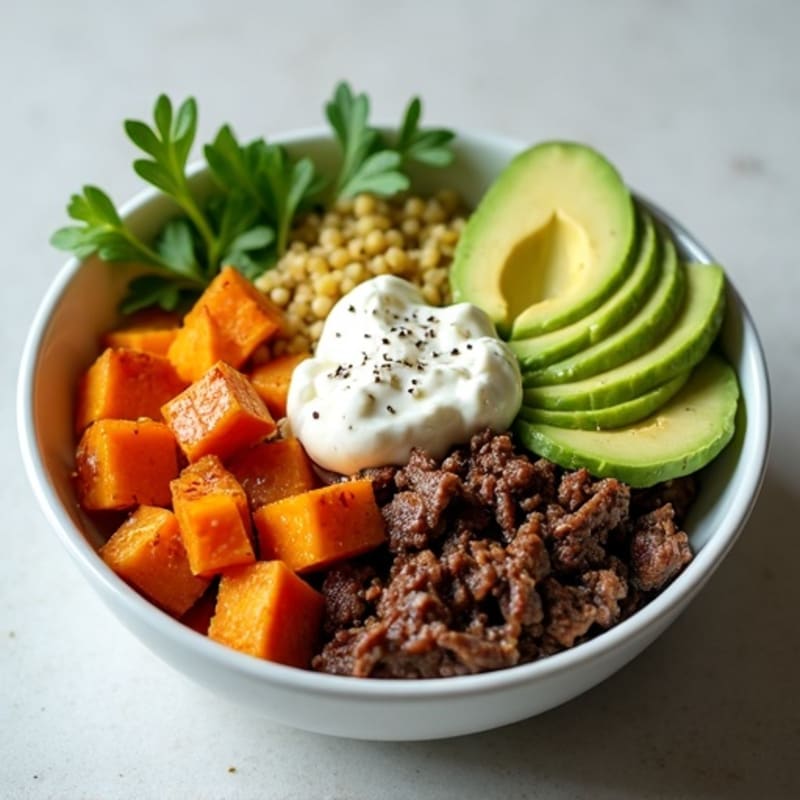 Hearty Minced Beef Bowl with Roasted Sweet Potato, Creamy Cottage Cheese, and Sliced Avocado