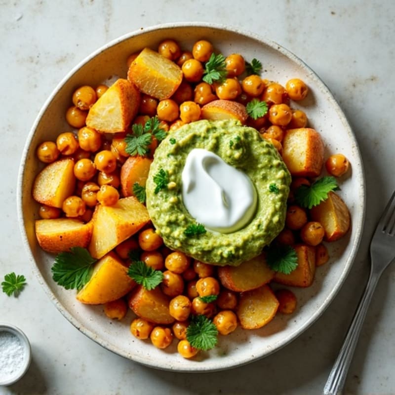 Crispy Sheet Pan Roasted Curried Chickpeas and Potatoes with Fresh Green Chutney