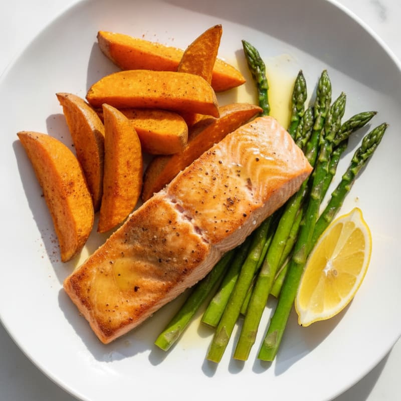 Seared Salmon Fillet with Roasted Sweet Potato and Asparagus