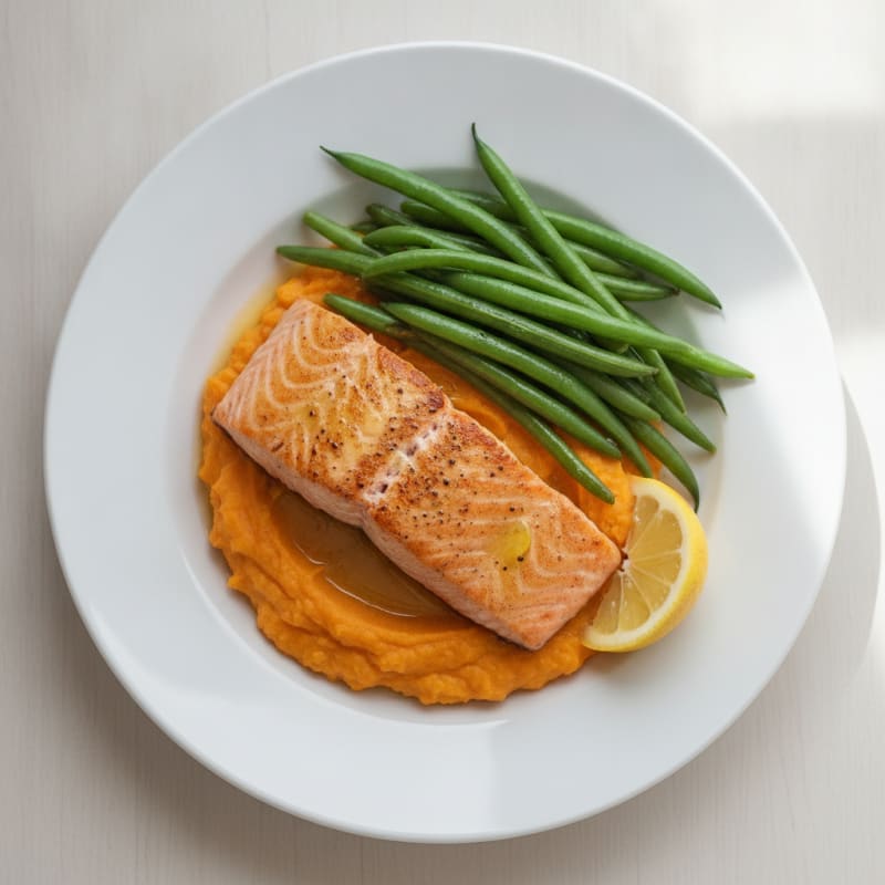 Seared Salmon with Steamed Green Beans and Sweet Potato Mash
