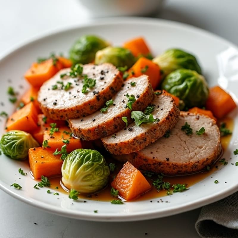 Herb-Roasted Pork Tenderloin with Crispy Brussels Sprouts and Sweet Potatoes