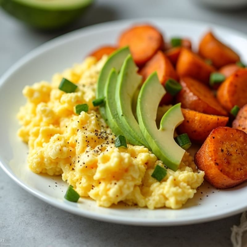 Protein-Packed Scrambled Eggs with Roasted Sweet Potatoes and Fresh Avocado