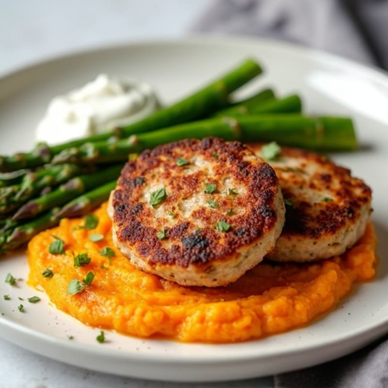 Seared Turkey Patties with Steamed Asparagus and Sweet Potato Mash
