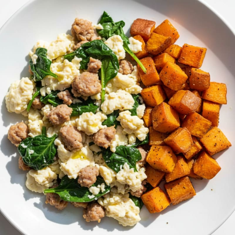 Egg White and Turkey Sausage Scramble with Spinach and Roasted Sweet Potatoes