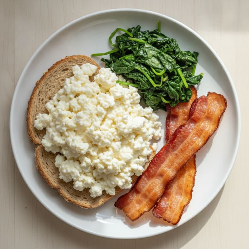 Cottage Cheese Egg White Scramble with Sautéed Spinach and Turkey Bacon