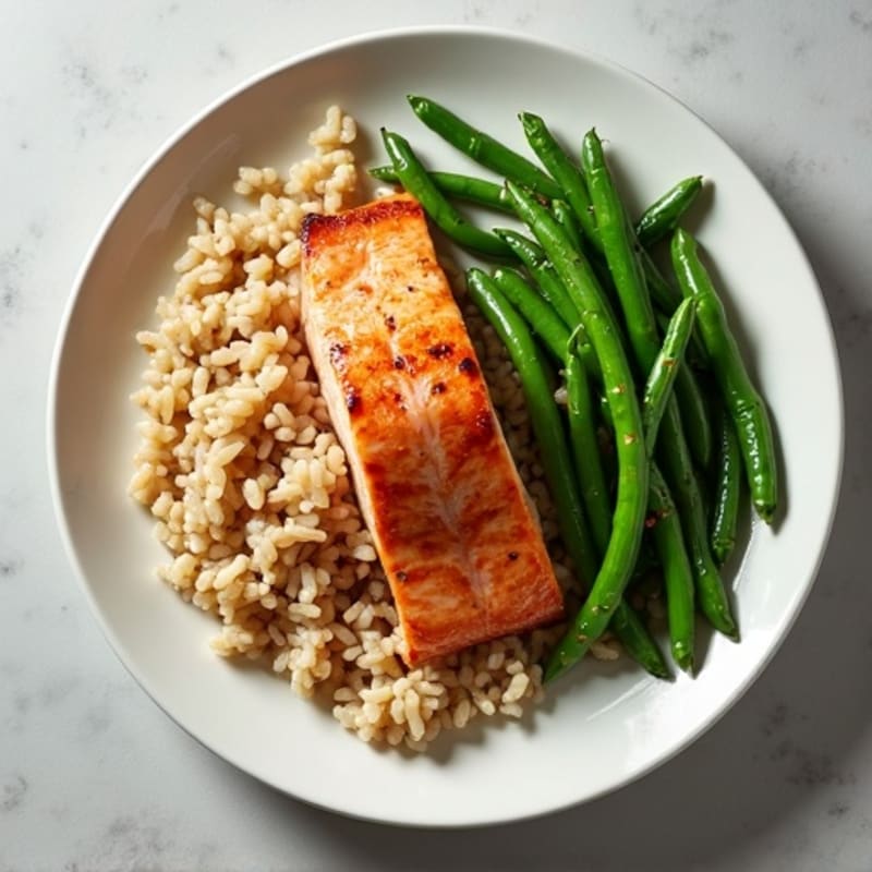 Seared Salmon with Garlic Green Beans and Brown Rice
