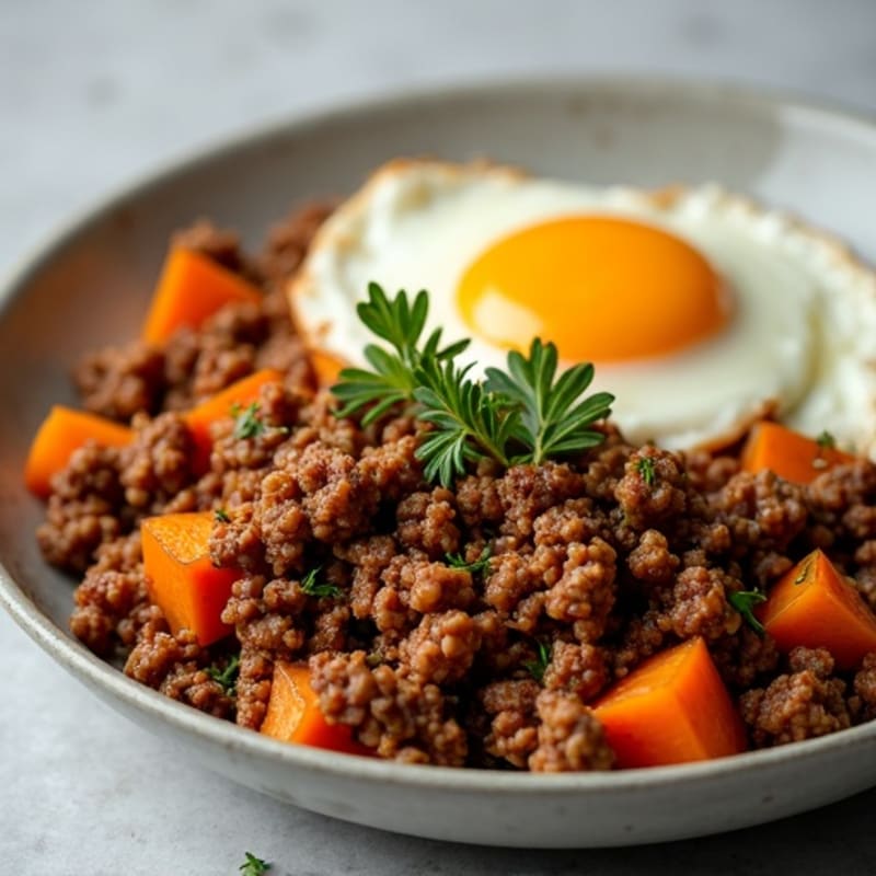 Savory Ground Beef and Roasted Sweet Potato Skillet