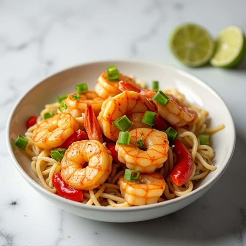 Shrimp and Rice Noodle Stir-Fry with Savory Peanut Sauce