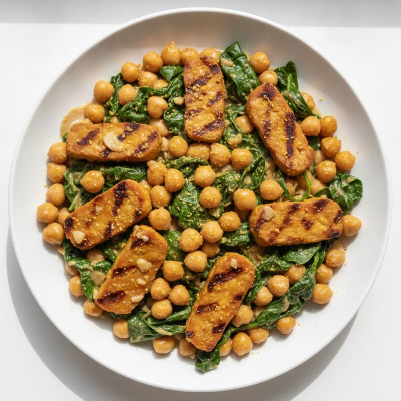 Creamy Chickpea and Spinach Stir Fry with Grilled Tempeh