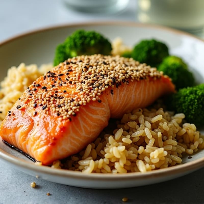 Sesame-Crusted Pan Seared Salmon with Ginger Rice and Garlic Broccolini