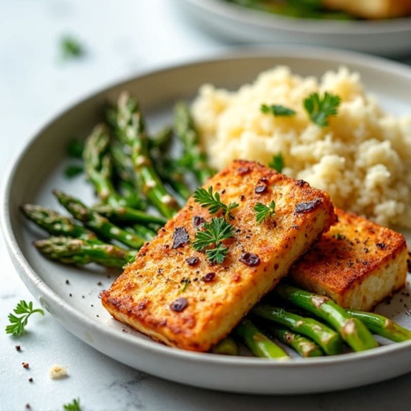 Crispy Lemon-Herb Tofu with Roasted Asparagus and Quinoa