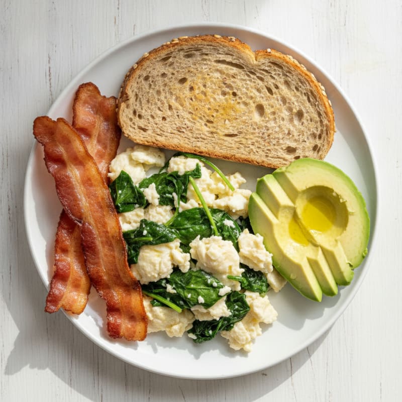 Crispy Turkey Bacon and Egg White Scramble with Spinach