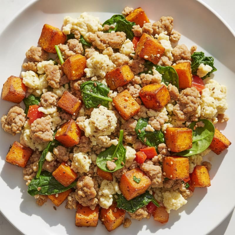Egg White and Turkey Sausage Scramble with Roasted Sweet Potatoes