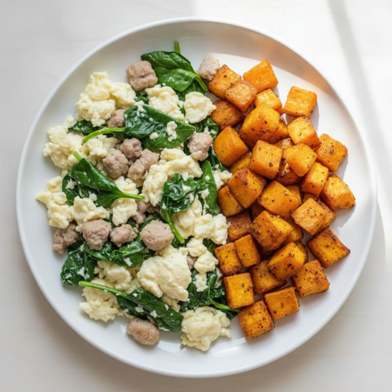 Egg White and Turkey Sausage Scramble with Spinach and Roasted Sweet Potatoes
