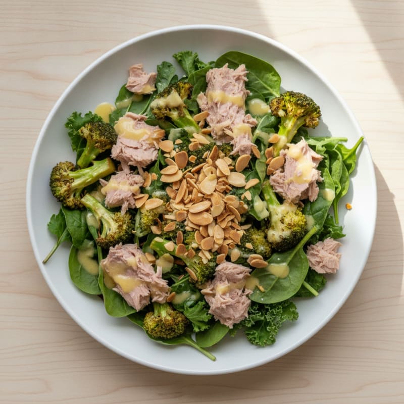 Tuna and Roasted Broccoli Salad with Lemon Almond Dressing