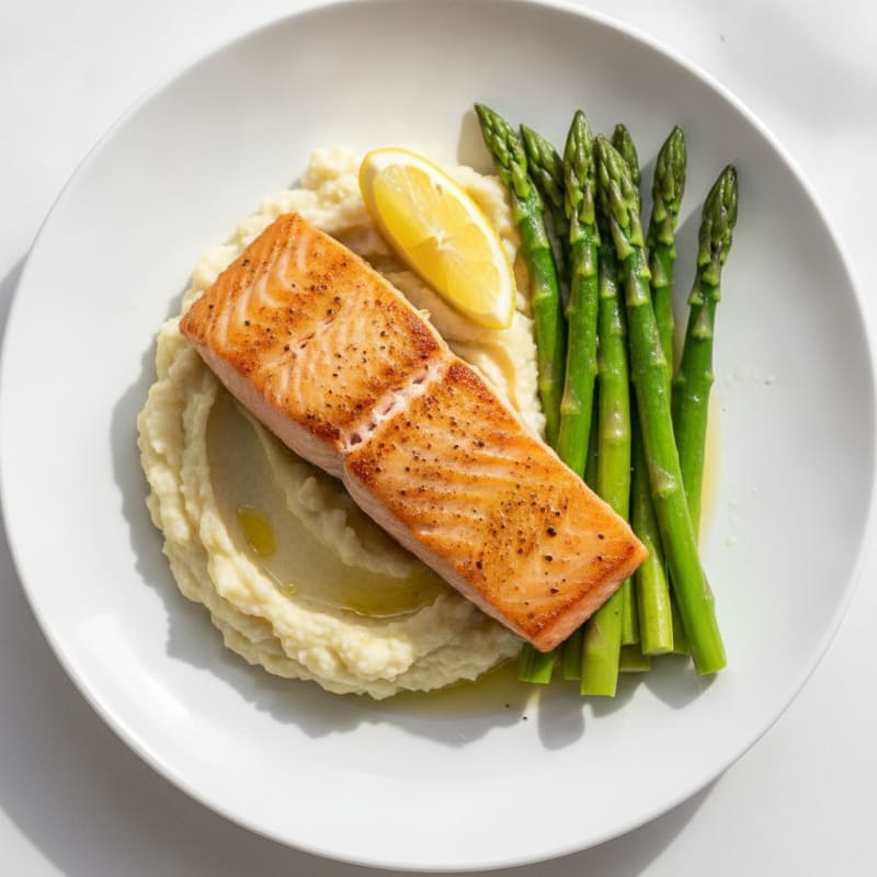 Seared Salmon with Steamed Asparagus and Cauliflower Mash