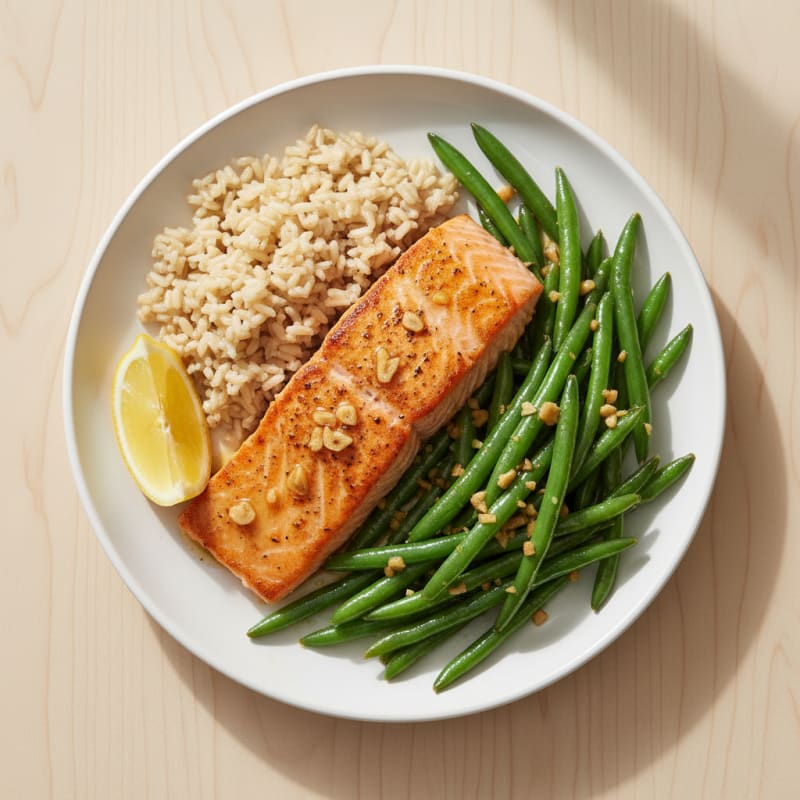 Seared Salmon with Garlic Green Beans and Brown Rice