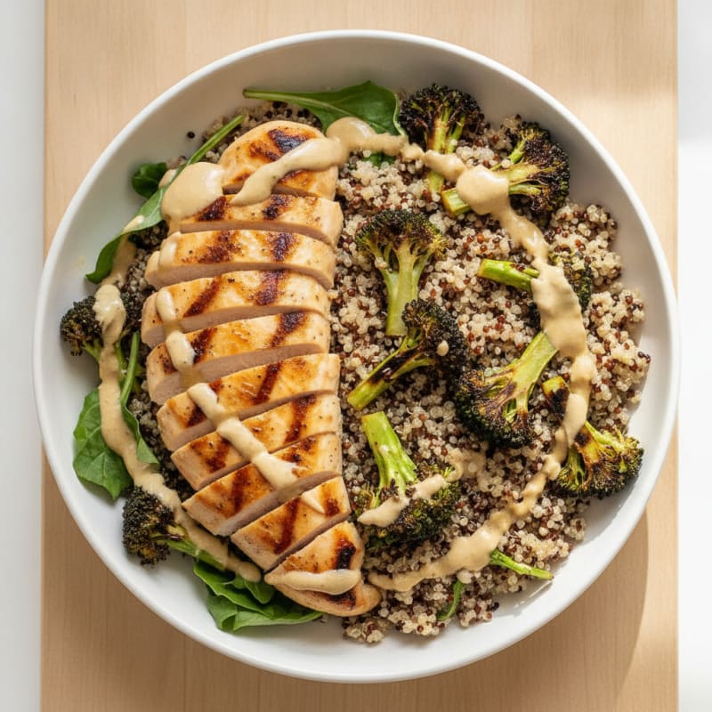 Grilled Chicken and Quinoa Bowl with Roasted Broccoli and Lemon Tahini Drizzle