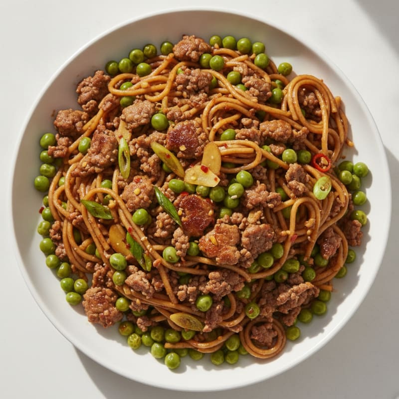 Soy-Glazed Mince Beef Noodles with Peas