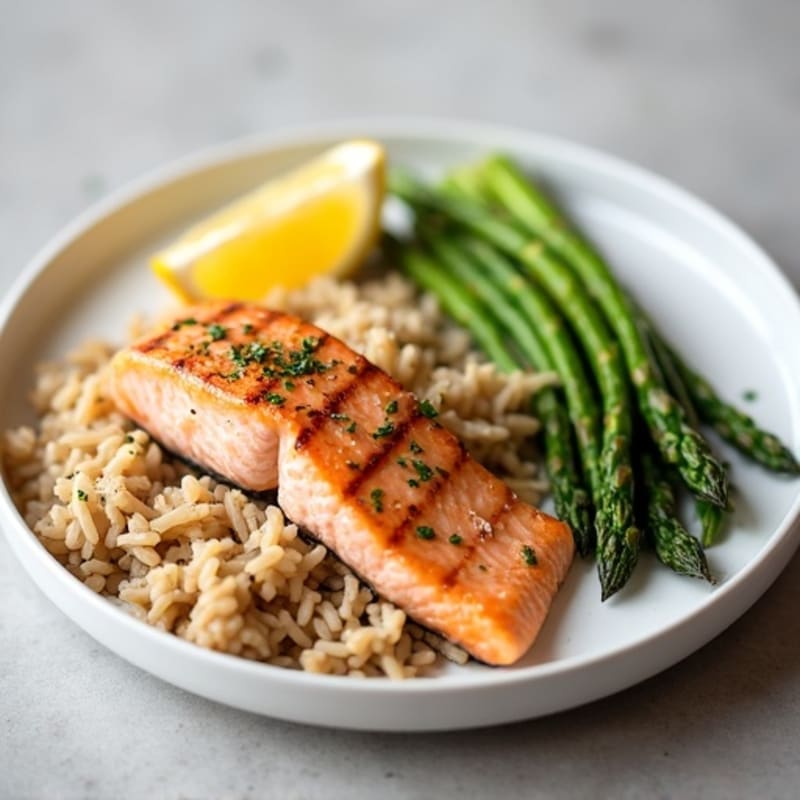 Seared Salmon with Steamed Asparagus and Brown Rice