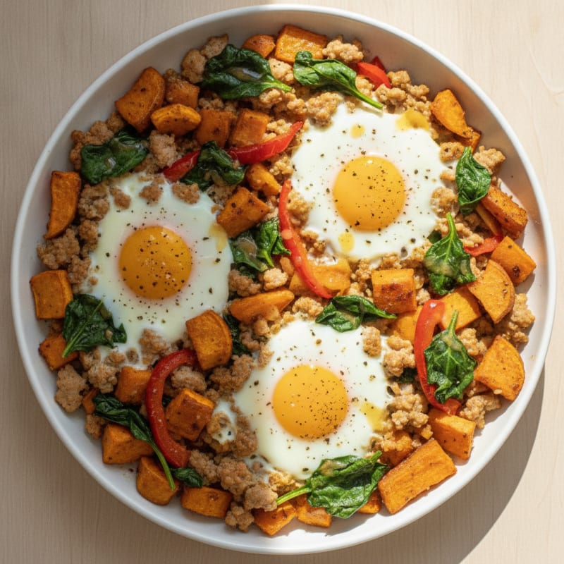 Baked Eggs with Roasted Sweet Potatoes and Turkey Skillet