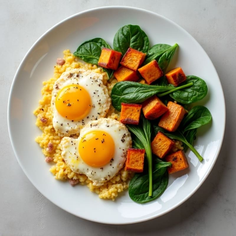 Egg White and Turkey Sausage Scramble with Spinach and Roasted Sweet Potatoes