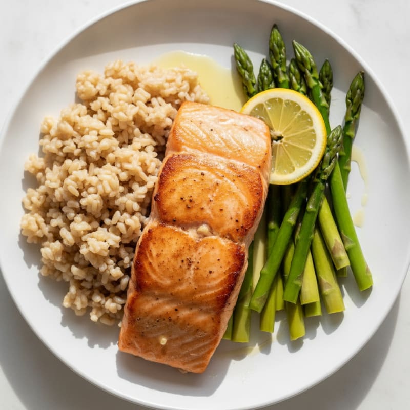 Seared Salmon with Steamed Asparagus and Brown Rice