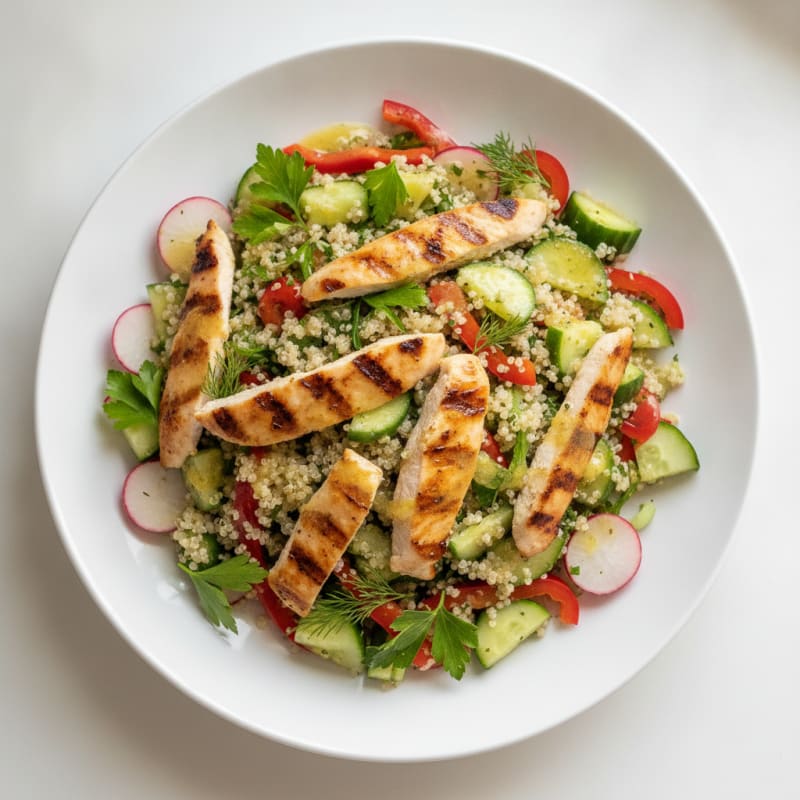 Grilled Chicken Breast Salad with Quinoa and Crunchy Vegetables