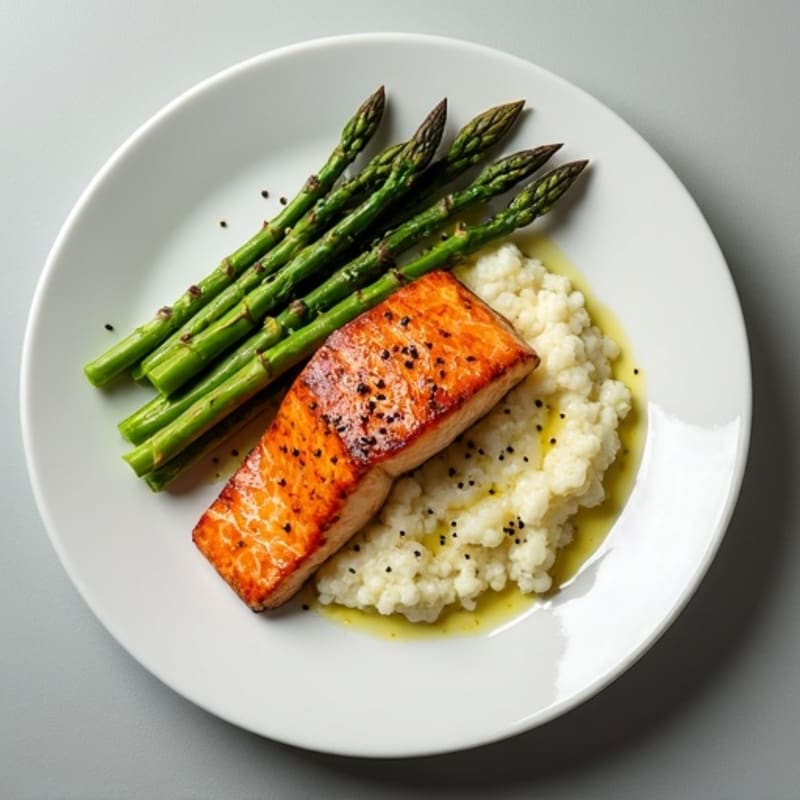 Seared Salmon Filet with Roasted Asparagus and Cauliflower Mash