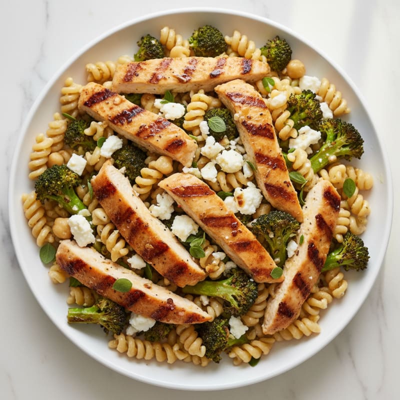 Grilled Chicken Pasta Salad with Roasted Broccoli and Feta