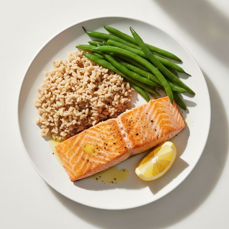 Seared Salmon with Steamed Green Beans and Brown Rice