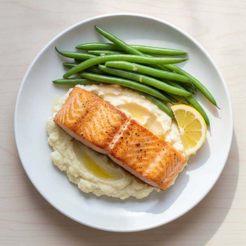 Seared Salmon with Steamed Green Beans and Mashed Cauliflower