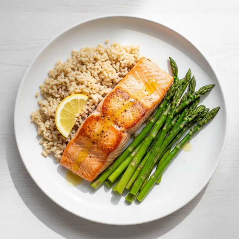 Seared Salmon Fillet with Steamed Asparagus and Brown Rice