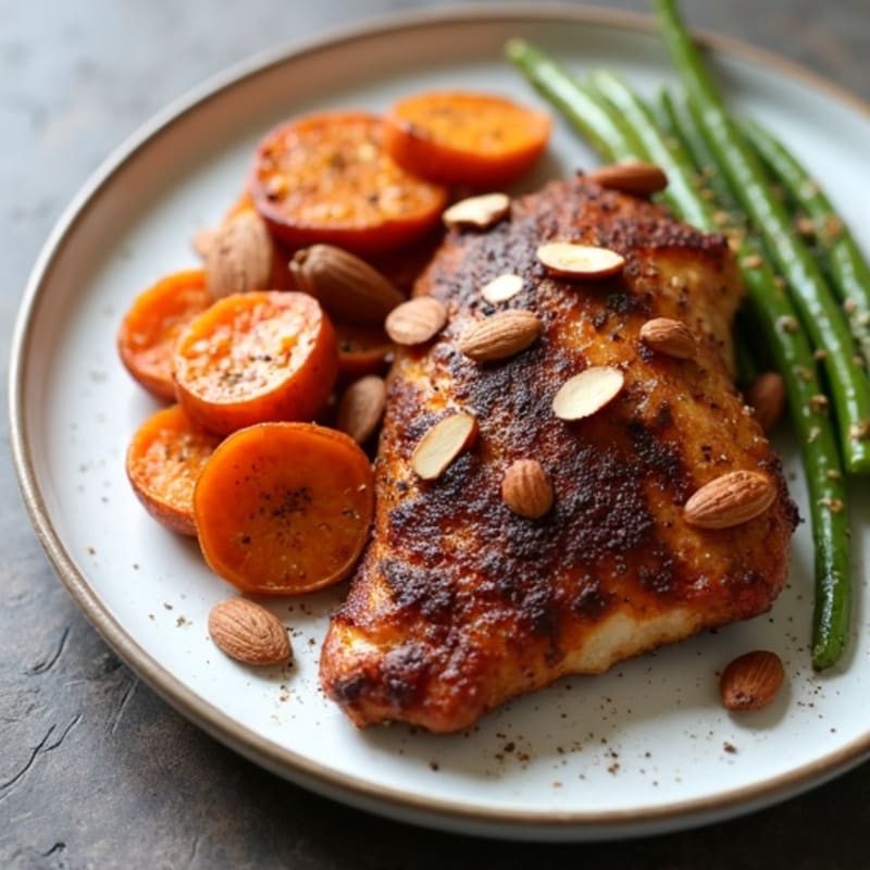 Cocoa-Spiced Crispy Chicken with Toasted Almonds and Roasted Sweet Potatoes