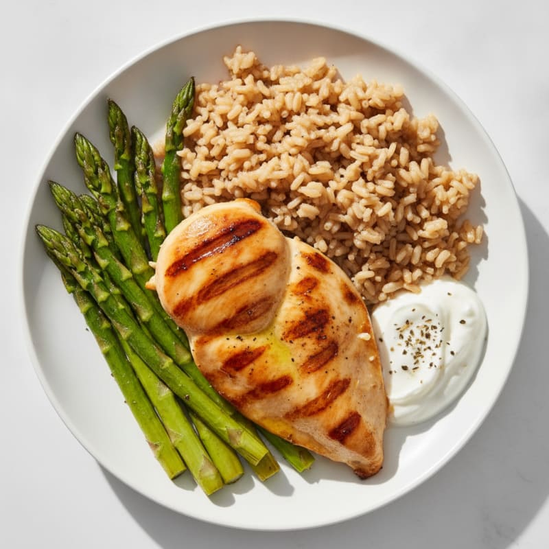Grilled Chicken with Brown Rice and Roasted Asparagus