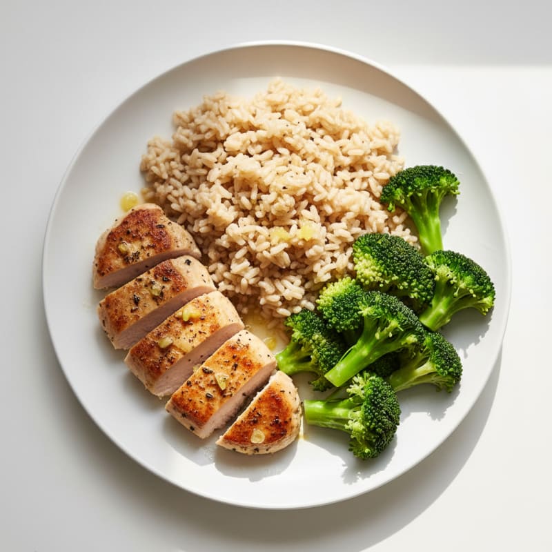 Seared Turkey Cutlets with Steamed Broccoli and Brown Rice