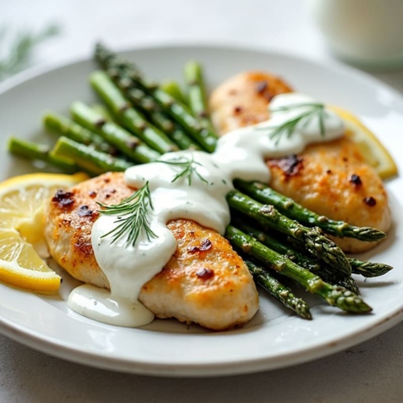 Pan-Seared Chicken with Roasted Asparagus and Creamy Lemon-Herb Greek Yogurt Sauce