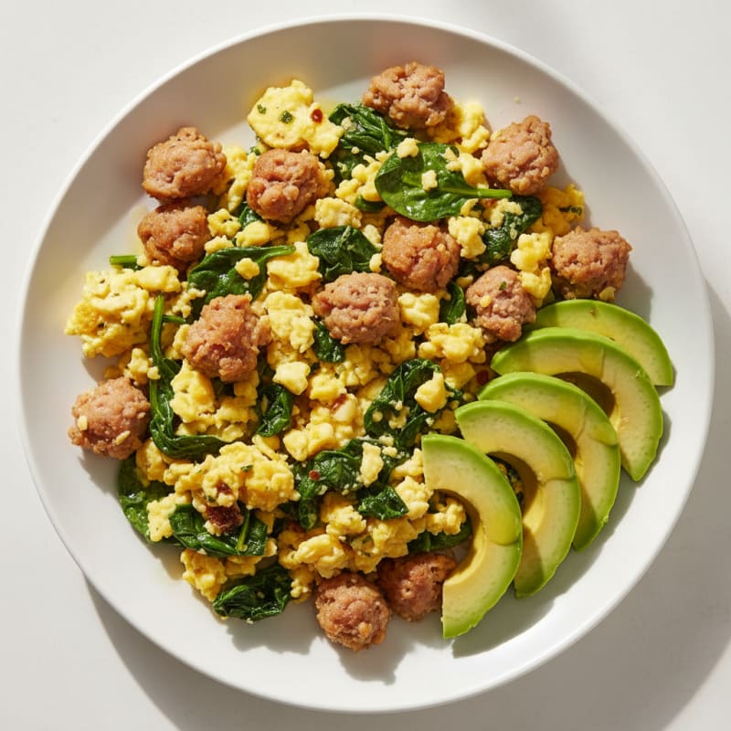 Egg and Turkey Sausage Scramble with Spinach and Avocado
