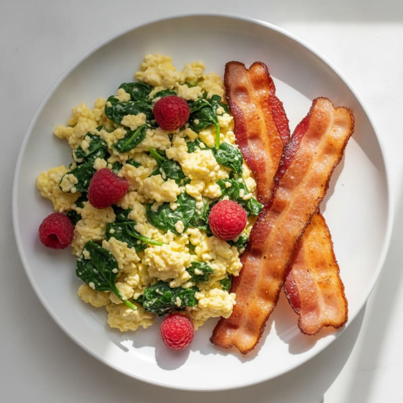 Cottage Cheese Egg Scramble with Spinach and Turkey Bacon