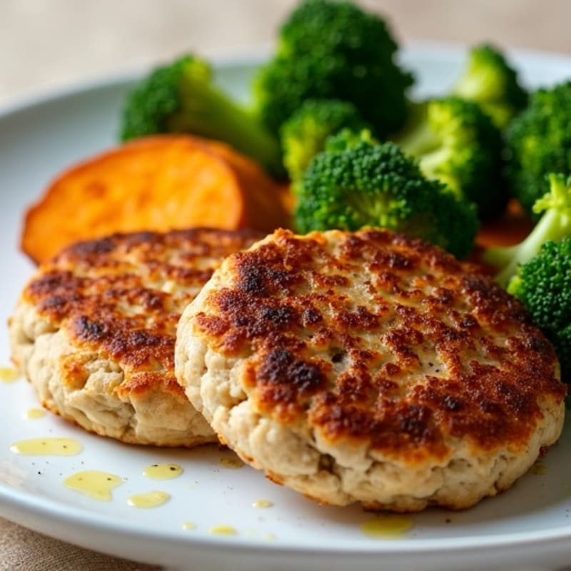 Seared Turkey Patties with Roasted Sweet Potato and Broccoli