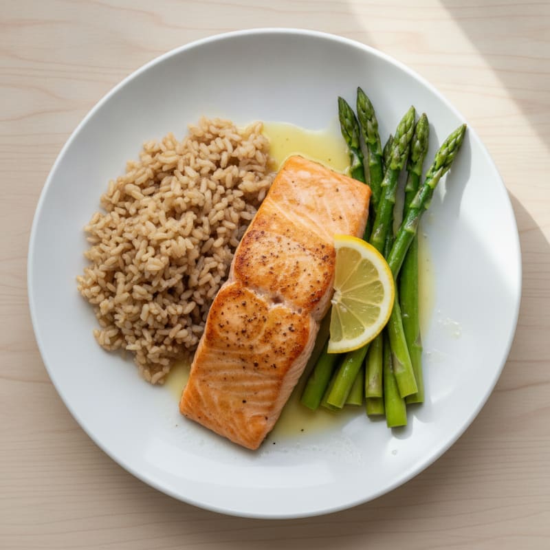 Seared Salmon Fillet with Steamed Asparagus and Brown Rice